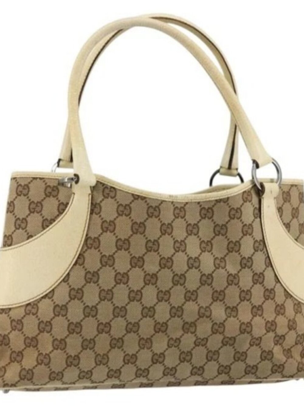 GUCCI GG Canvas Tote Bag Beige Silver 113015 Auth 179900